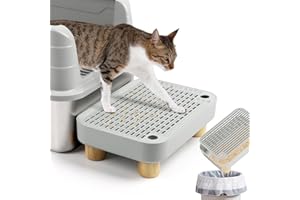 Lanstics Litter Box Step, Litter Box Ramp for Cats Grey Litter Catcher with Wooden Base Cat Steps for Litter Box Anti-Tracking & Easy to Clean for Kitten & Elderly Cats