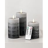 Stmarry Distressed Gradient Gray Flameless Candles with Remote and Timer, Real Wax Made LED Pillar Candles Battery Operated with 3D Flickering Flame - 3" x 4", 3" x 5", 3" x 6" - Set of 3