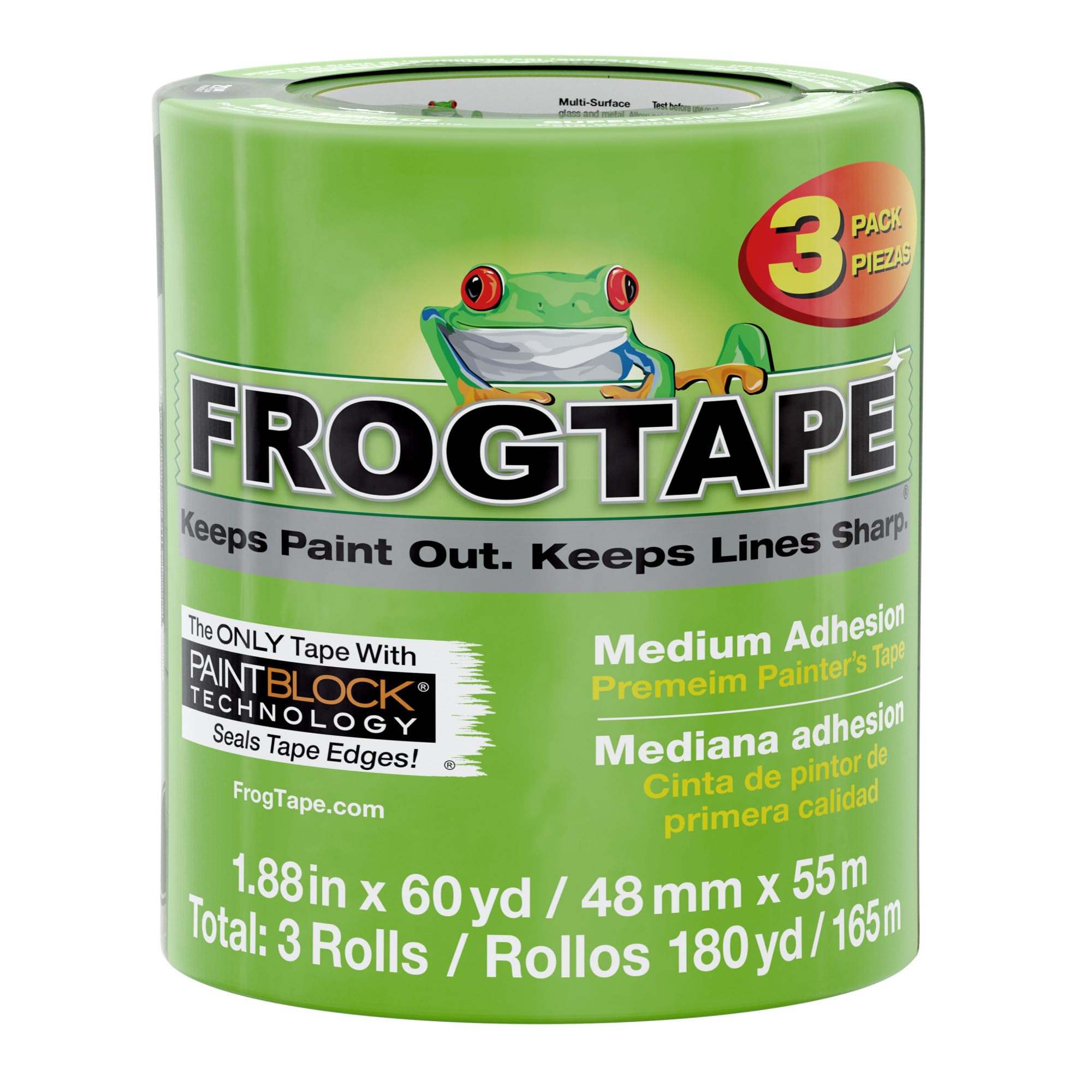 Frog Tape Multi-Surface Masking Tape for Painting 48mm x 55m, Decorators Tape, Painters Masking Tape for Indoor Painting & Decorating - Pack of 3