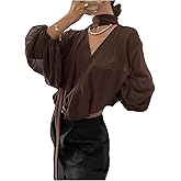 SOLY HUX Women's Wrap V Neck Blouse Lantern Long Sleeve Tie Neck Sheer Elegant Shirts Tops