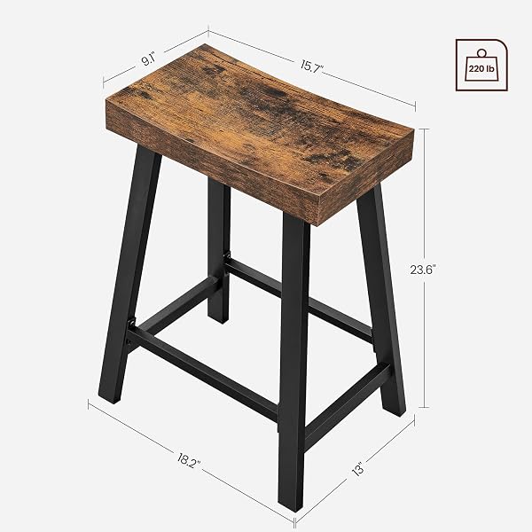 VASAGLE BAR STOOLS SET OF 2, COUNTER HEIGHT STOOLS, BAR CHAIRS WITH FOOTREST, 23.6 INCHES HIGH KITCHEN BREAKFAST STOOLS, INDUSTRIAL, LIVING ROOM PARTY ROOM, RUSTIC BROWN ULBC074B01