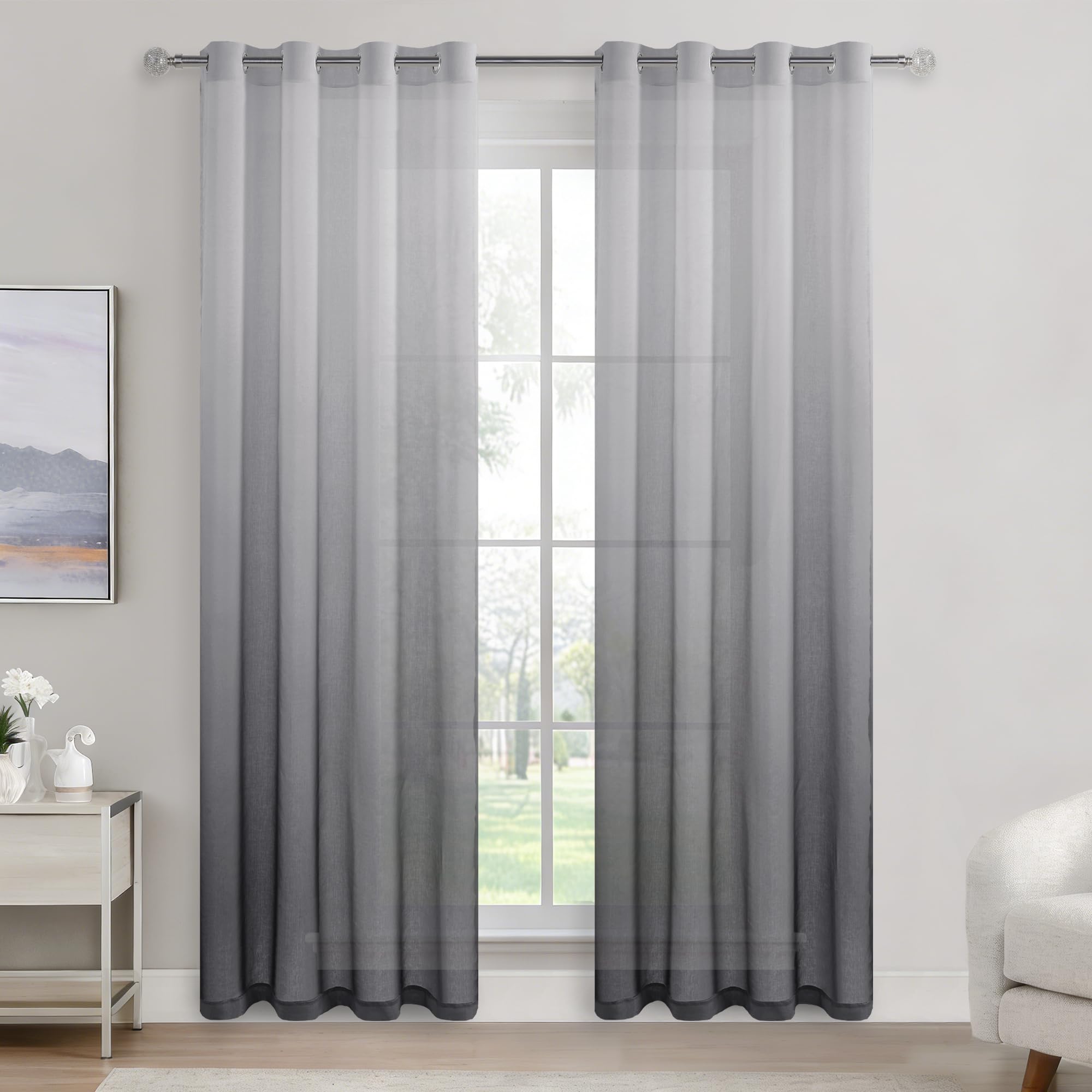 DWCN Voile Curtain Grey Gradient Curtains for Living Room Net Curtains for Windows Sheer Bedroom Crurtains Eyelet Set of 2, 55 x 84 Inches