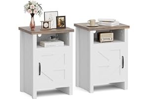 JUMMICO Farmhouse Nightstand, Modern Bedside Table with Barn Door and Shelf, Rustic End Table Side Table for Bedroom, Living Room (2, White)