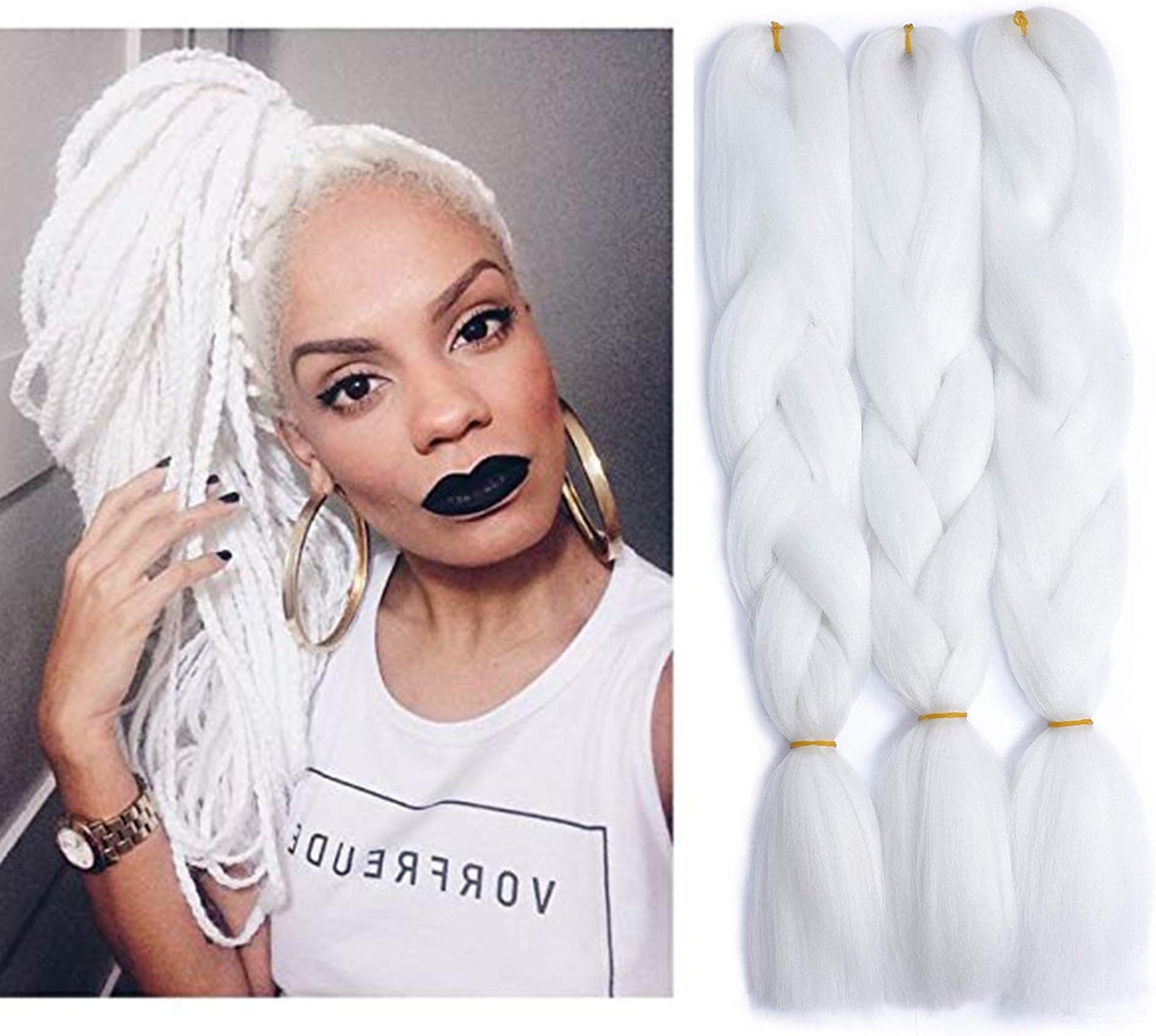 Jumbo Braiding Hair White Pure Color Kanekalon Braiding Hair Extensions 100g/Pcs Synthetic Braiding Hair (3PCS, White)