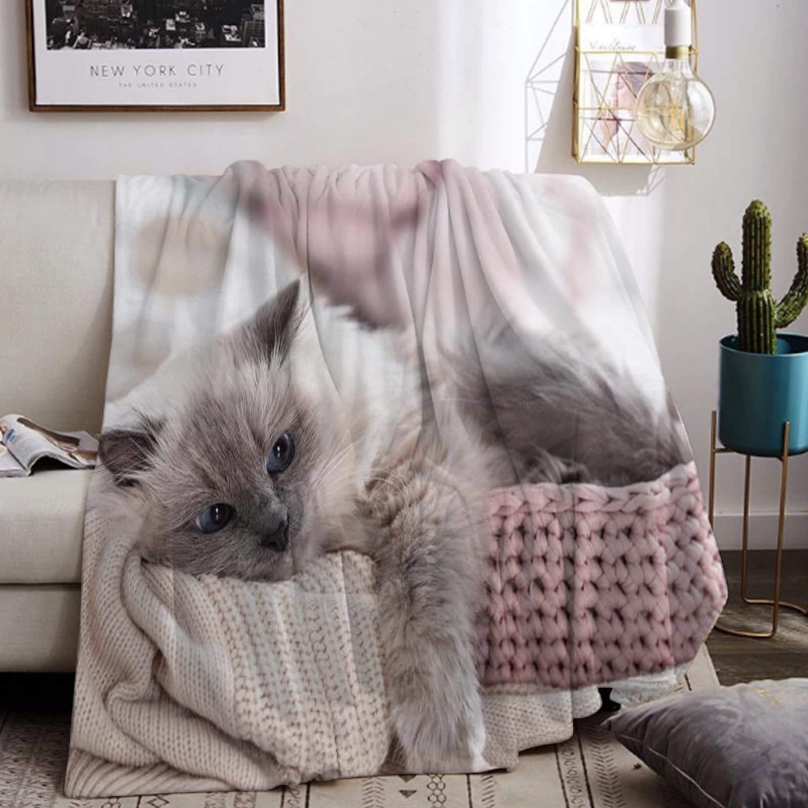 UGZDEA Cuddly Cat Blankets 130x150cm, Cat Print Blankets Presents for Girls/Women, Soft Warm Lightweight Blanket, Couch Bedroom Decor (A, 130x150cm)