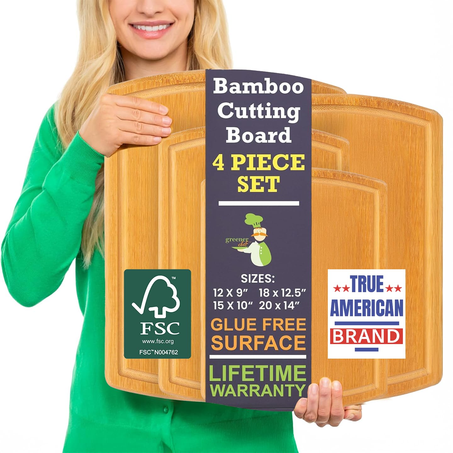 Glue-Free Surface™ 2XL Extra Large Bamboo Cutting Board Set of 4 – Small, Medium, XL, and Oversized Sizes from Chopping Vegetables to Carving Meat & Turkey for Large Family Meal Prep and Gatherings Image