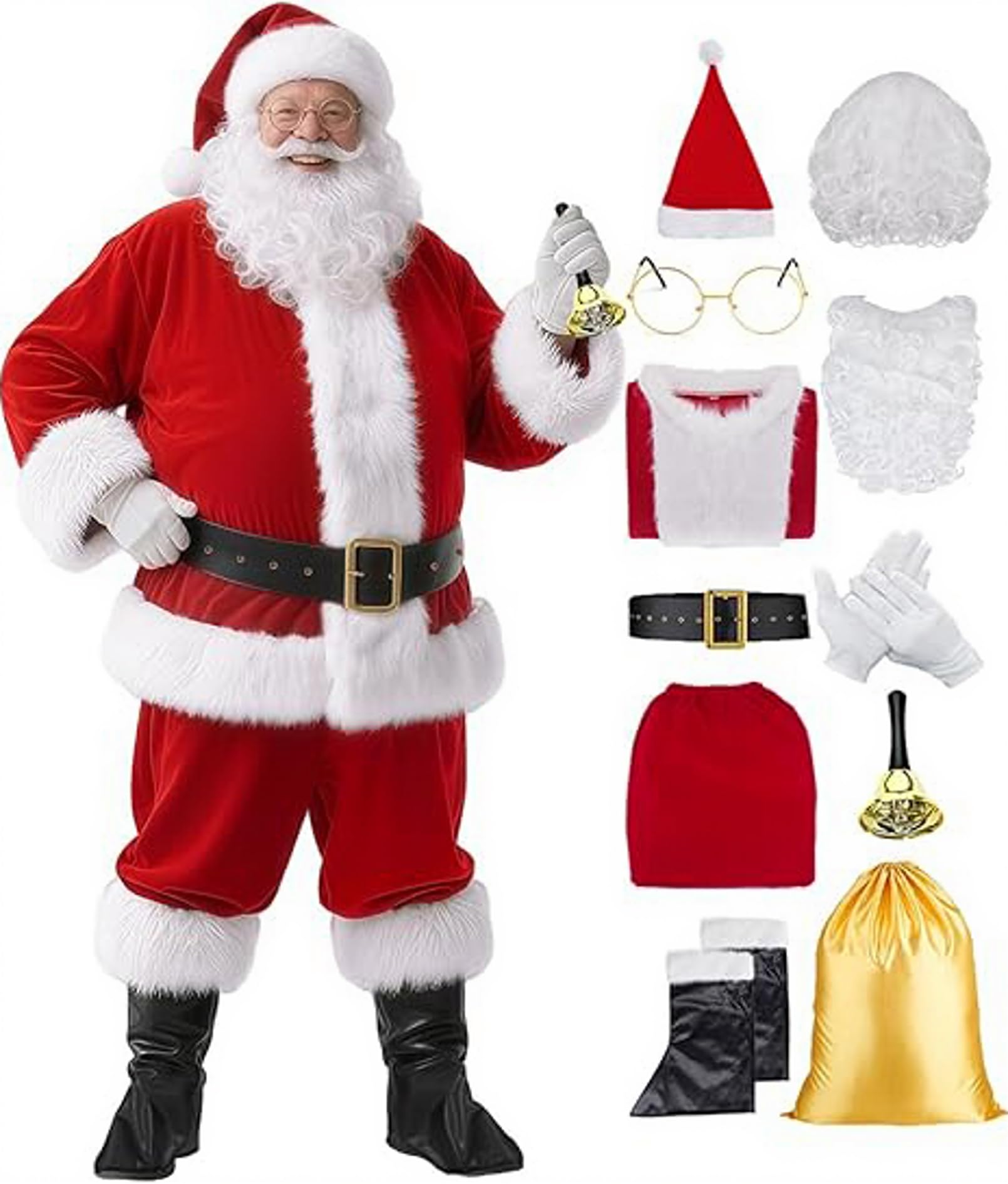 Cloudkids 11 Pcs Luxury Christmas Santa Costume Adult Mens Vintag Red Plush Santa Suit Santa Claus Outfits with Gift Bag X-Large