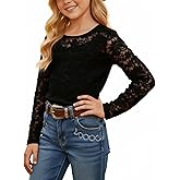 Girls Lace Long Sleeve Sheer Blouse Cute Crew Neck Mesh Soft Layering Tee Shirts Blouse Top