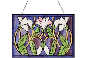 YOURANJU Rectangular Lily Stained Glass Window Hanging Tiffany Style Handmade 16" X 11" Purple Transom Window Panel Housewarming Gift Living Room Bedroom Kitchen Window Decor Hangings with Chain