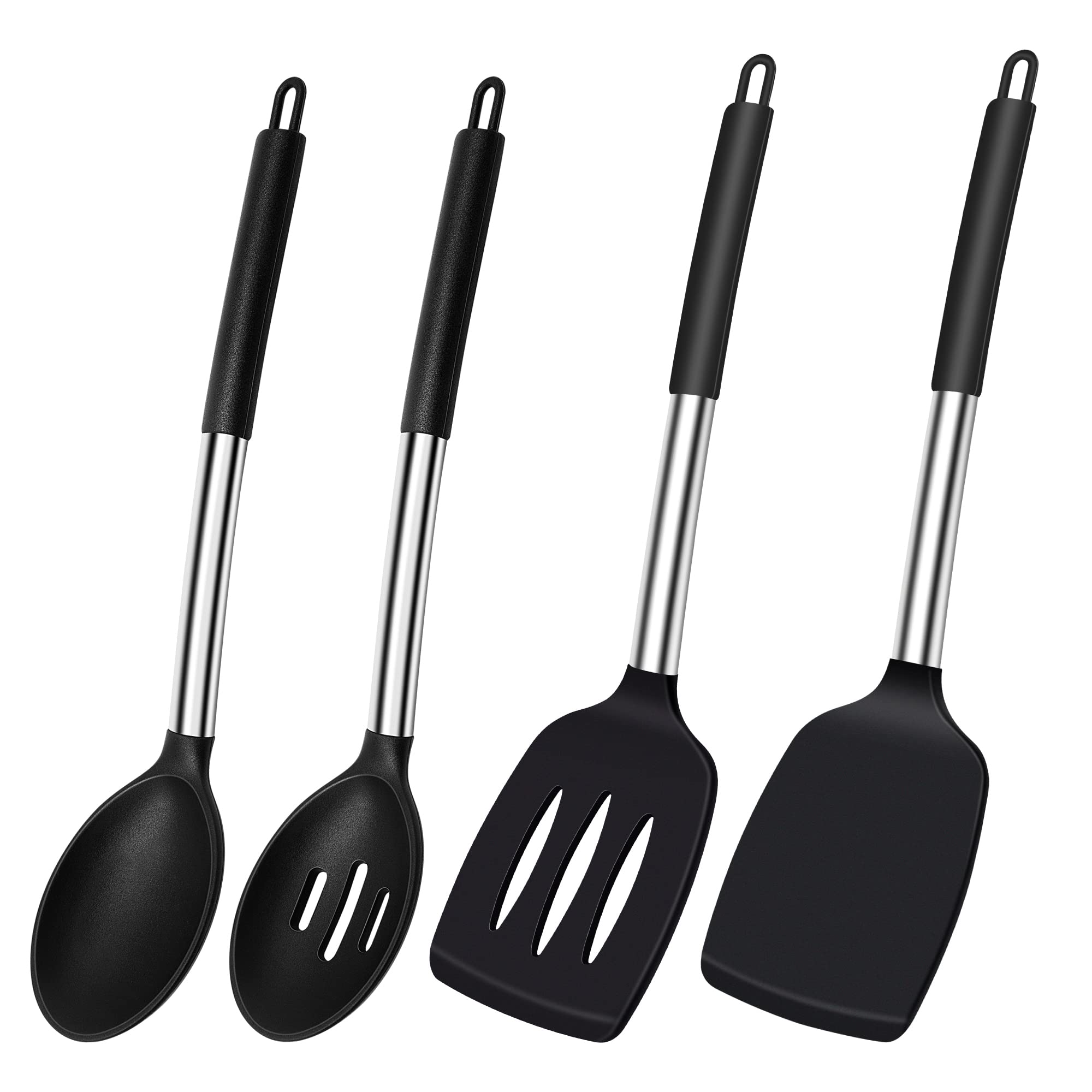 Silicone Spatula Spoon, Heat Resistant Silicone Spatula, Kitchen Spatula, Slotted Spoon Set for Cooking, BPA-Free Kitchen Utensils, Black Kitchen Utensils, Dishwasher Safe, Pack of 4