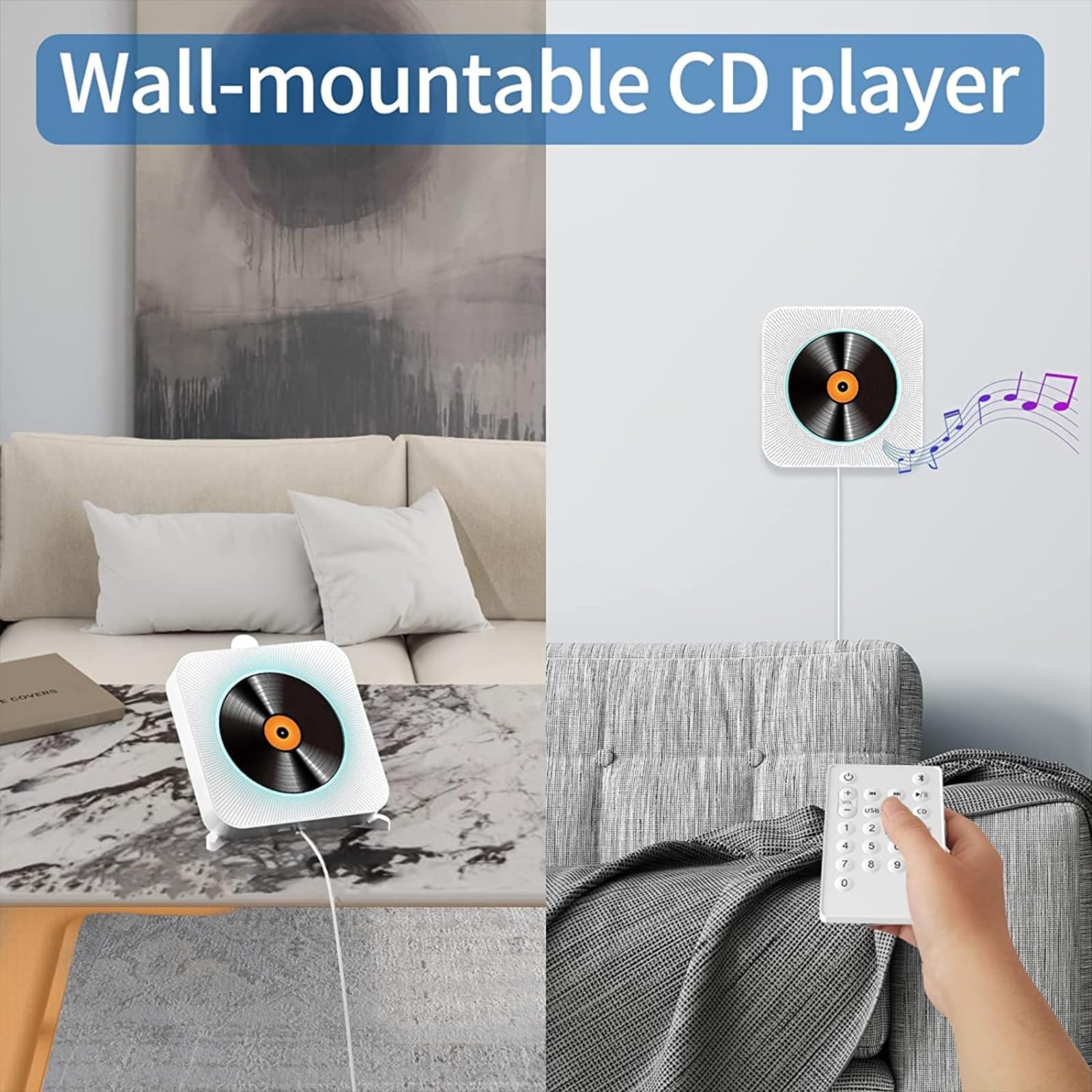 Portable Wall CD Players with 5.0 Bluetooth, Wall-Mountable CD Player with HiFi Speaker, USB Playback/AUX/FM Radio, Pull Cord Switch Design, Music Player with Remote Control, Home Audio Boombox