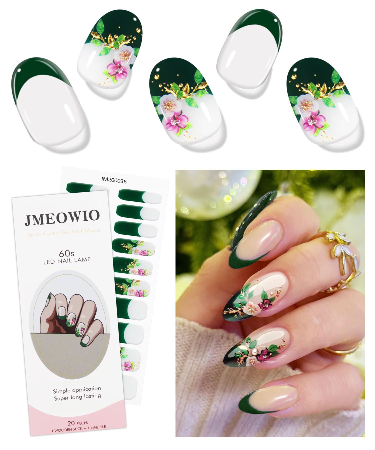 JMEOWIO Gel Nail Stickers Green French Tip Flower Semi Cured Gel Nail Strips Wraps UV/LED Nails Art Design Decoration Accessories