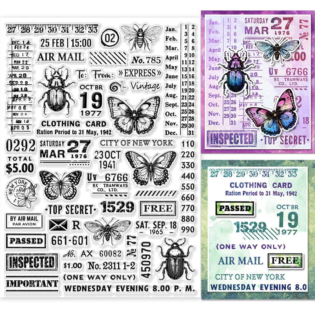 GLOBLELAND Vintage Rubber Stamps: Air Mail, Butterflies, Insects - Silicone Clear Stamps for Scrapbooking, 11.69x8.27 Inch