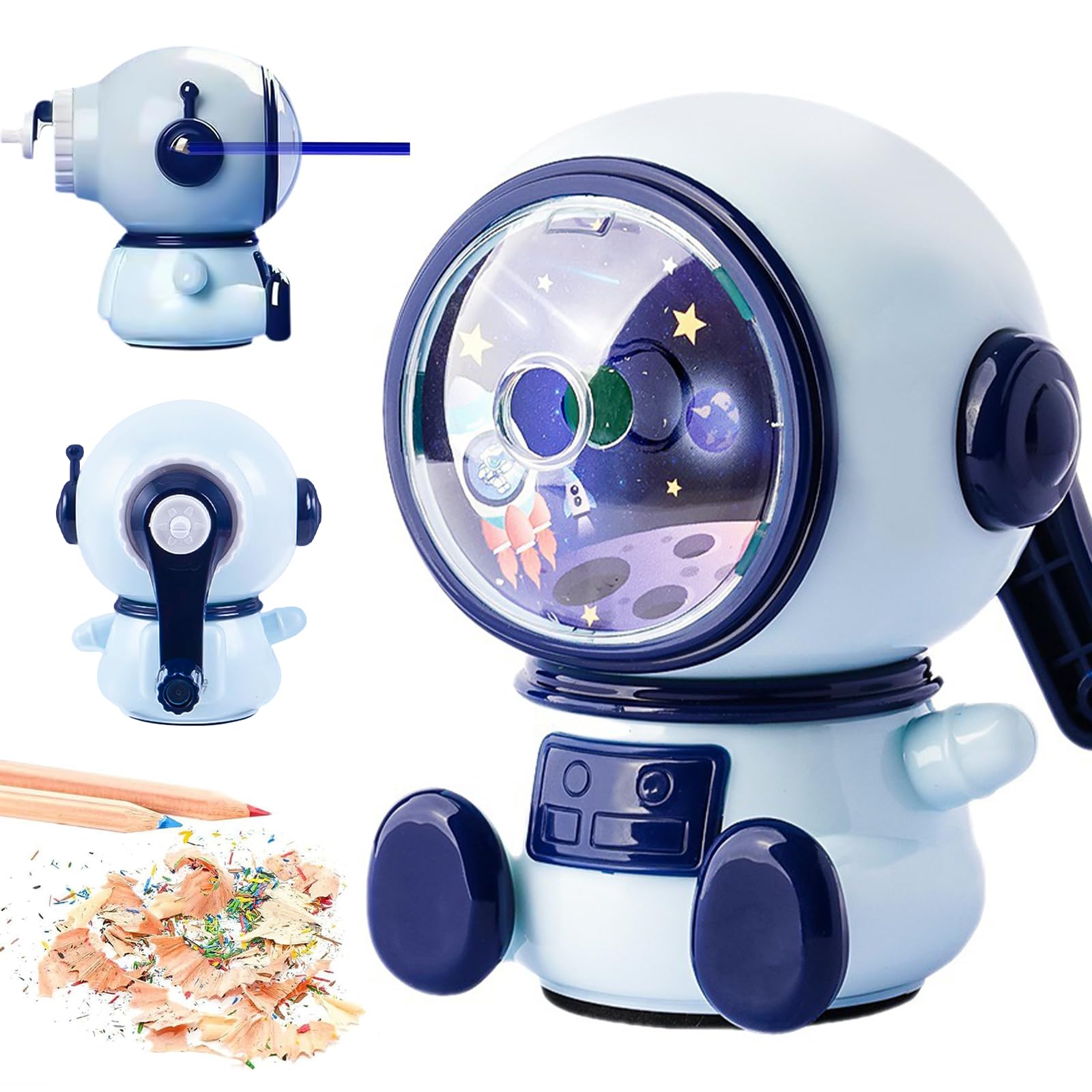 Astronaut Cartoon Manual Adjustable Pencil Sharpener with Crank and Container for Children's Office Classroom (Three-Level Adjustable)
