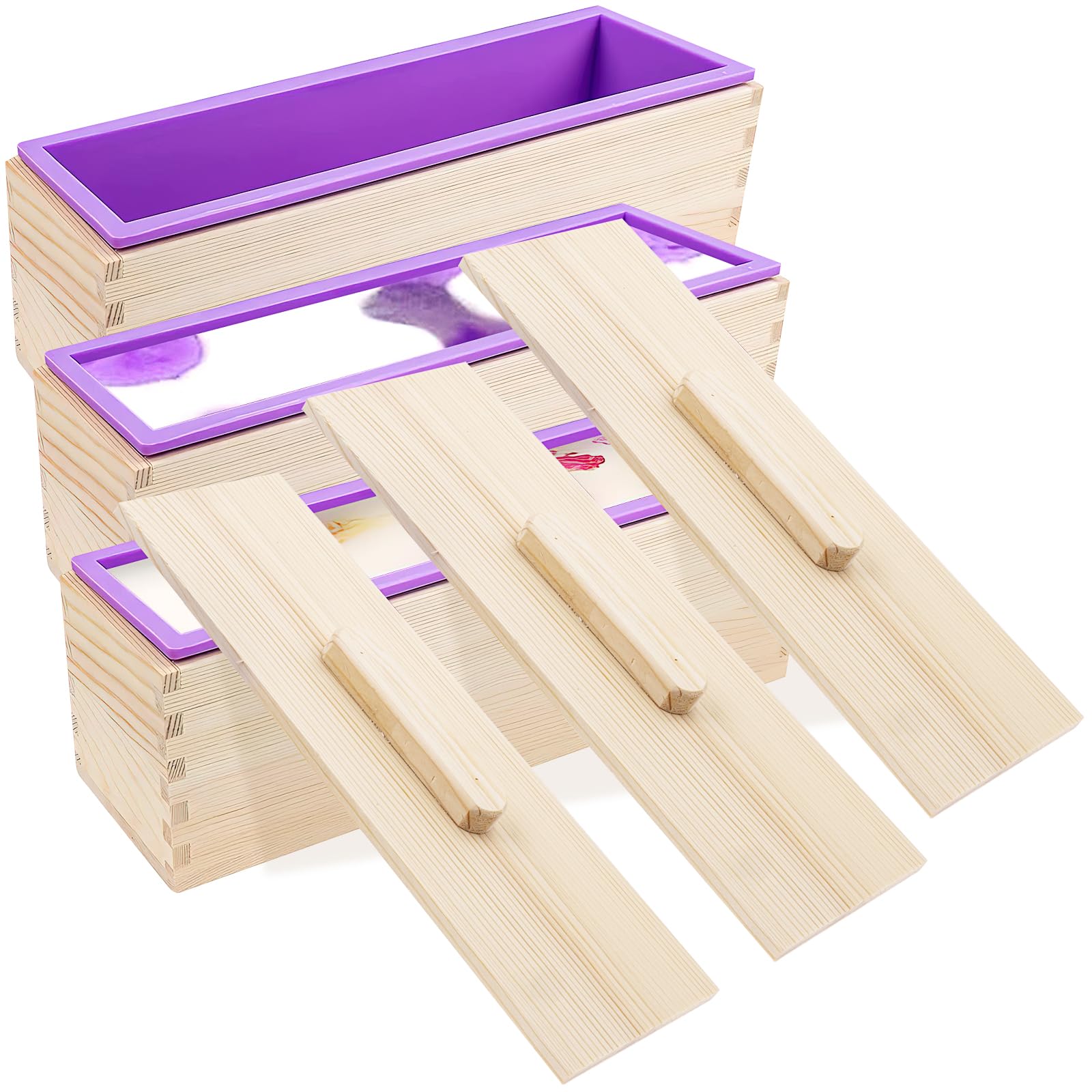 3 Pack Silicone Soap Molds, Rectangular Wooden Silicone Soap Mold Set, Soap Loaf Moulds with Wooden Boxes and Lids for DIY Soap Craft Candle Making Supplies (Purple)