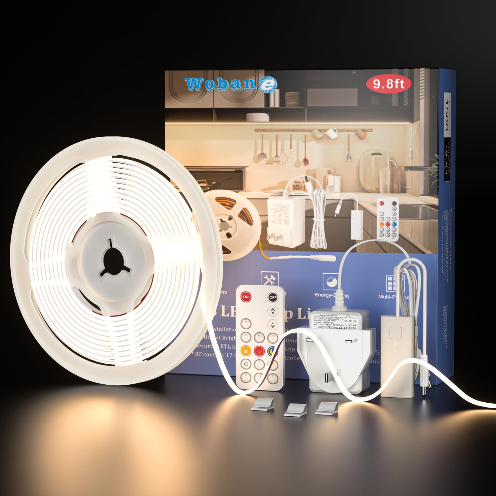 WOBANE 3m COB Dimmable LED Strip Light,960 LEDs,1500 Lumen,Super Bright 12V LED Tape Lights with Remote,Under Cabinet Lighting for Kitchen,Counter,Bedroom,Desk,Shelf,Sink,CRI90+,Adapter,4000K