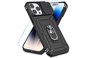 SunStory Compatible with iPhone 14 Pro Case with HD Screen Protector & Slide Camera Cover & Rotated Ring Kickstand, [Military-Grade] Phone Case for iPhone 14 Pro (BBlack)