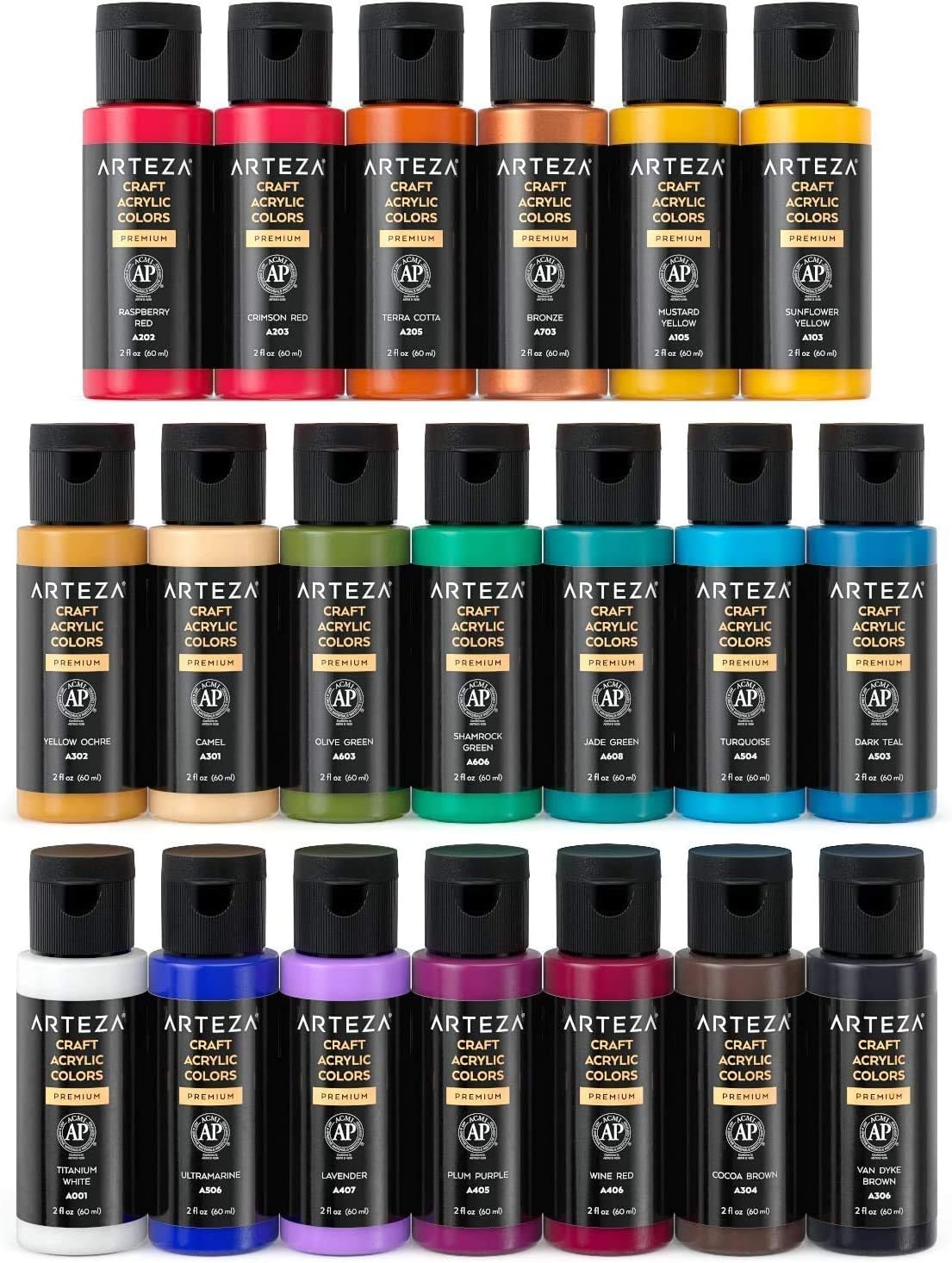 Arteza Craft Acrylic Paint, Set of 20 Vintage Tones, 2.02-oz/60 ml Bottles, Water-Based, Matte Finish, Matte Acrylic Paint Set for Art & DIY Outdoor Projects on Glass, Wood, Ceramics, Fabrics, Paper & Canvas: Home Improvement