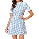 Allegra K Women Gingham Dress Summer Short Sleeve Crew Neck Lace Panel Plaid Mini Dresses Halloween Dorothy Costume