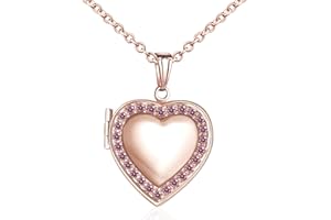 YOUFENG Love Heart Birthstones Locket Necklace Holds Pictures Paved Blue Red White CZ Rose Gold Living Memory Photo Lockets