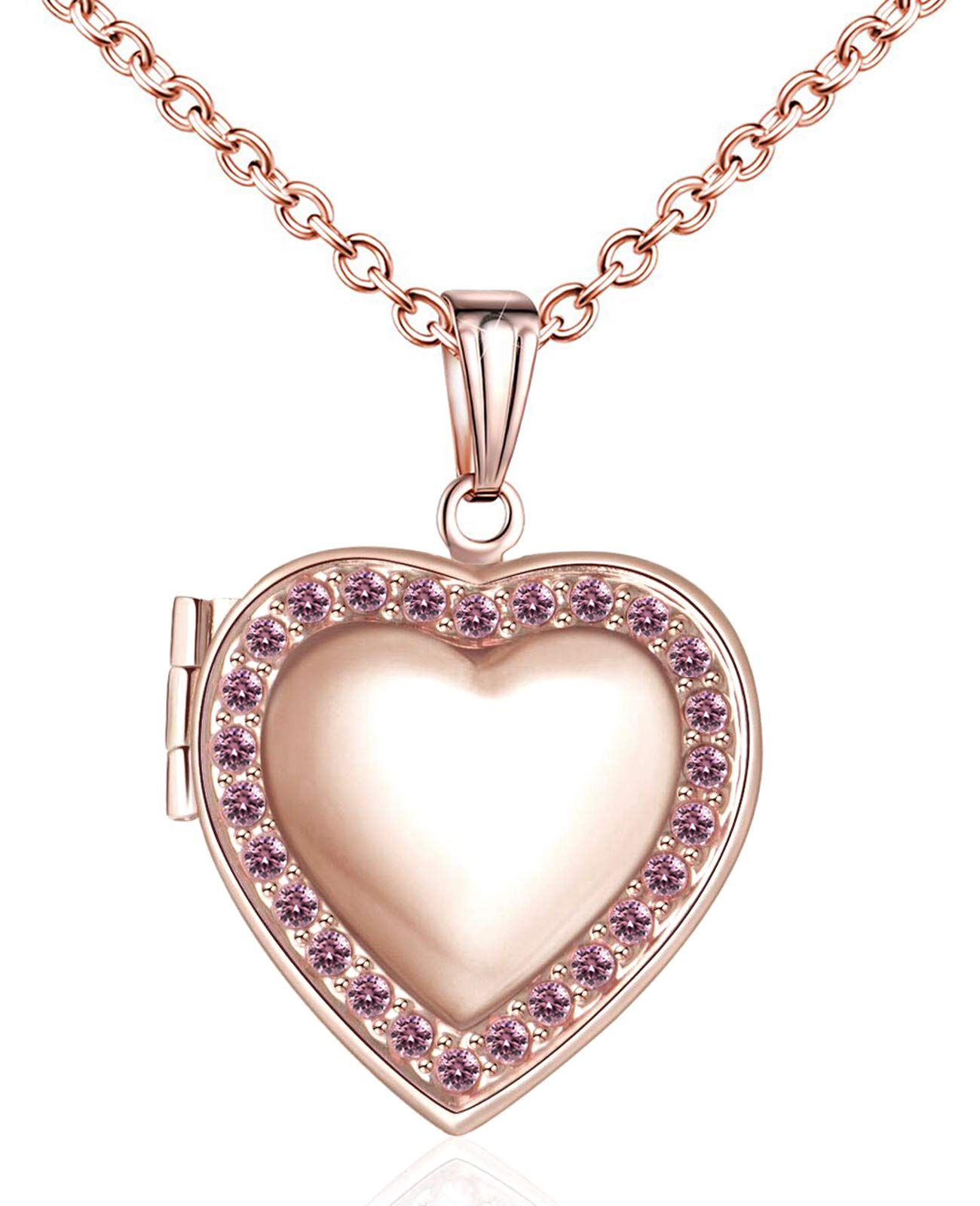 YOUFENG Love Heart Birthstones Locket Necklace Holds Pictures Paved Blue Red White CZ Rose Gold Living Memory Photo Lockets