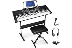 Smartxchoices 61-Key Electronic Keyboard Piano Stand Portable LED Display Keyboard Kit with Adjustable Stand, Adjustable Stool, Headphones, Microphone & Music Stand