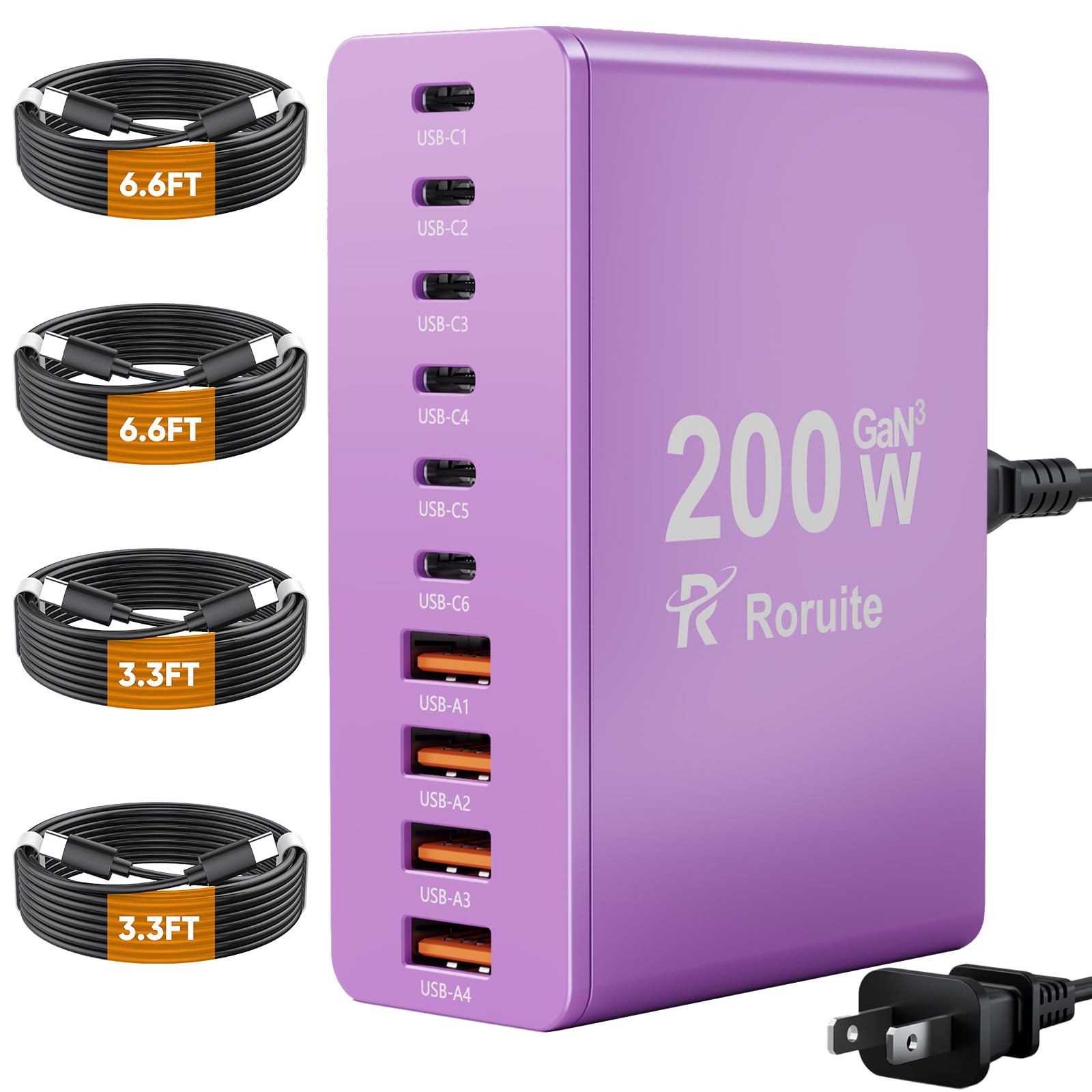 USB C Charging Station 10 Port with 4 USB Cables, 200W GaN Type C Charger Block, Wall Charger Power Strip Adapter Plug for iPad iPhone16 15 14 13 12 Pro Max Pixel Note Galaxy Purple Image