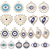 SUNNYCLUE 1 Box 40Pcs Rhinestone Evil Eye Charm Blue Enamel Golden Evil Eye Charms Bulk Micro Pave Cubic Zirconia Eyes Charm Flat Round Heart Lock Charms for Jewelry Making Charms DIY Craft Supplies