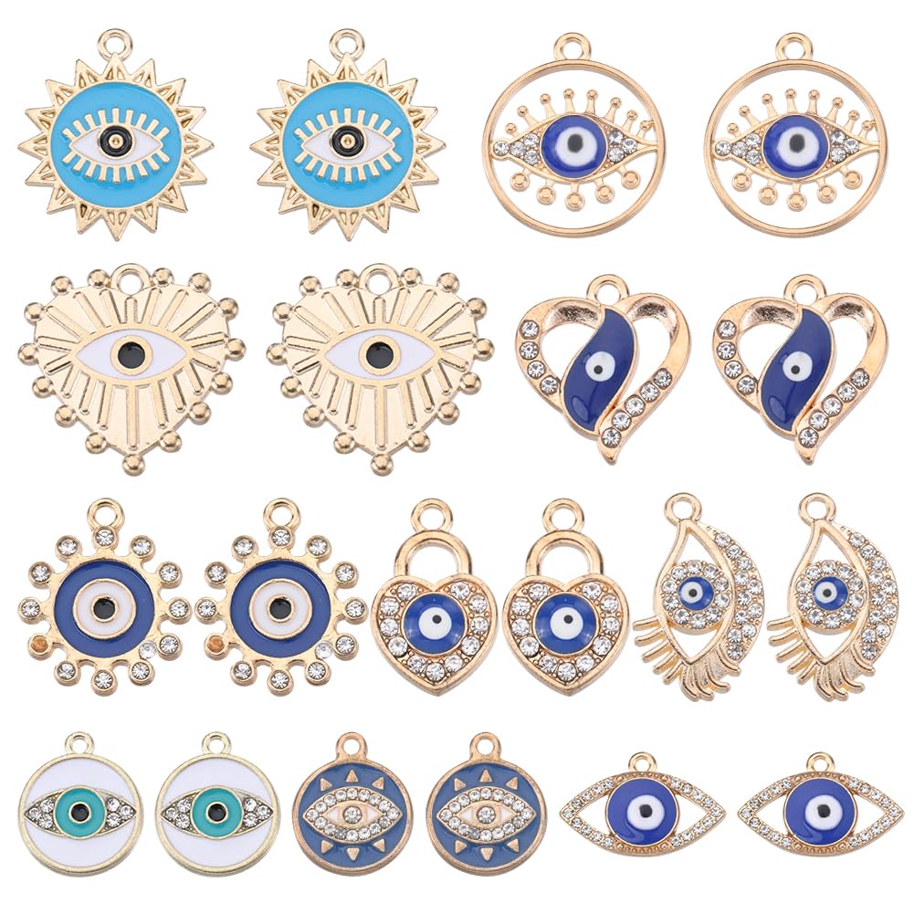 SUNNYCLUE 1 Box 40Pcs Rhinestone Evil Eye Charm Blue Enamel Golden Evil Eye Charms Bulk Micro Pave Cubic Zirconia Flat Round Heart Lock for jewellery Making DIY Craft Supplies — image 1