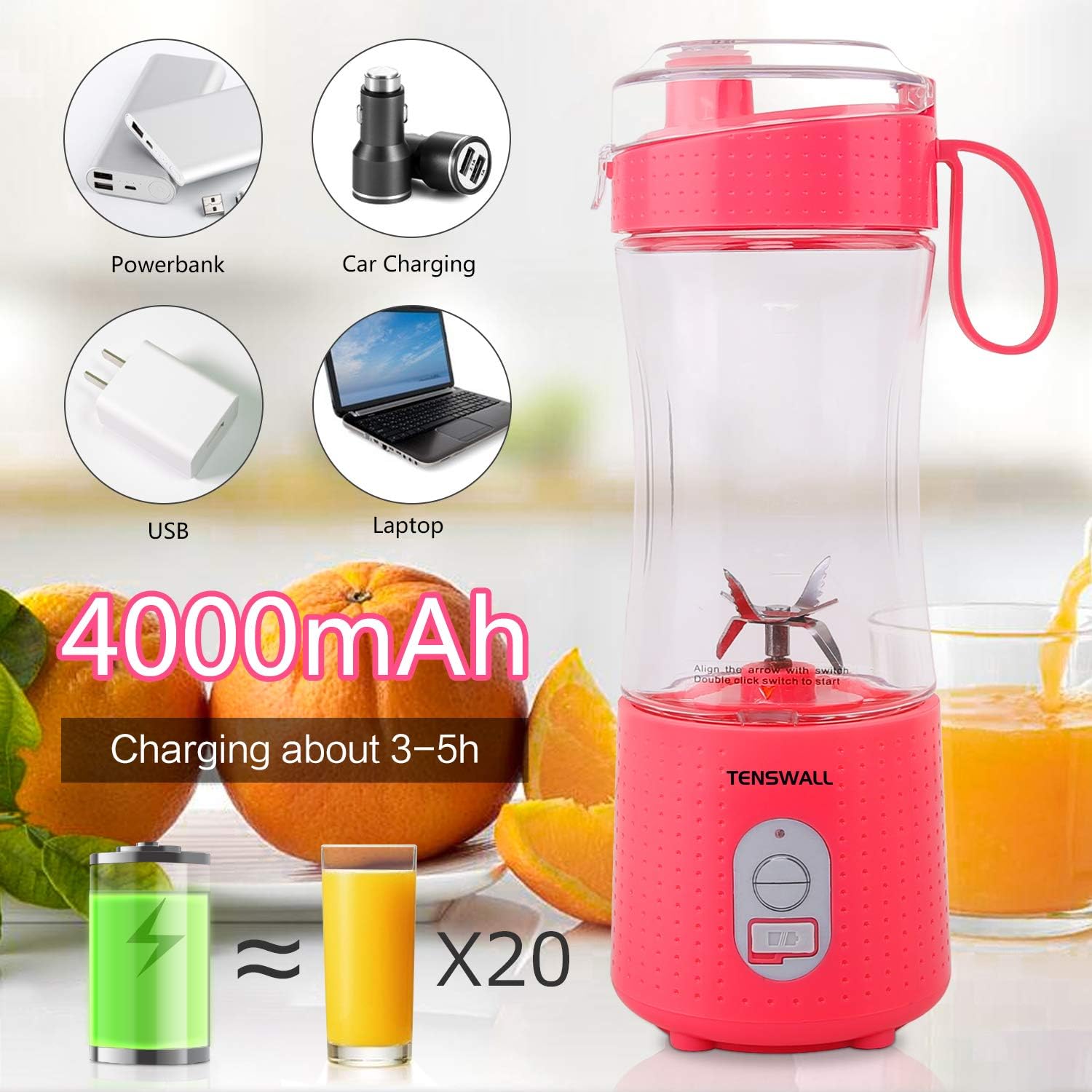 Portable Blender, Smoothie Blenders, Personal Size Blender USB Rechargeable Smoothies and Shakes Juicer Cup, 4000mAh Battery Strong Power Pink: Kitchen & Dining