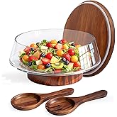 Airsent Extra Large Glass Salad Bowl with Lid Set, 5-Qt (160 fl oz) Mixing/Serving Bowl with Wood Base & Salad Servers, Trifle Bowl for Kitchen, Parties & Christmas
