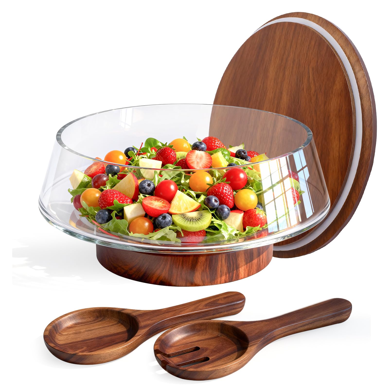 Photo 1 of Airsent Extra Large Glass Salad Bowl with Lid Set, 5-Qt (160 fl oz) Mixing/Serving Bowl with Wood Base & Salad Servers, Trifle Bowl for Kitchen, Parties & Christmas