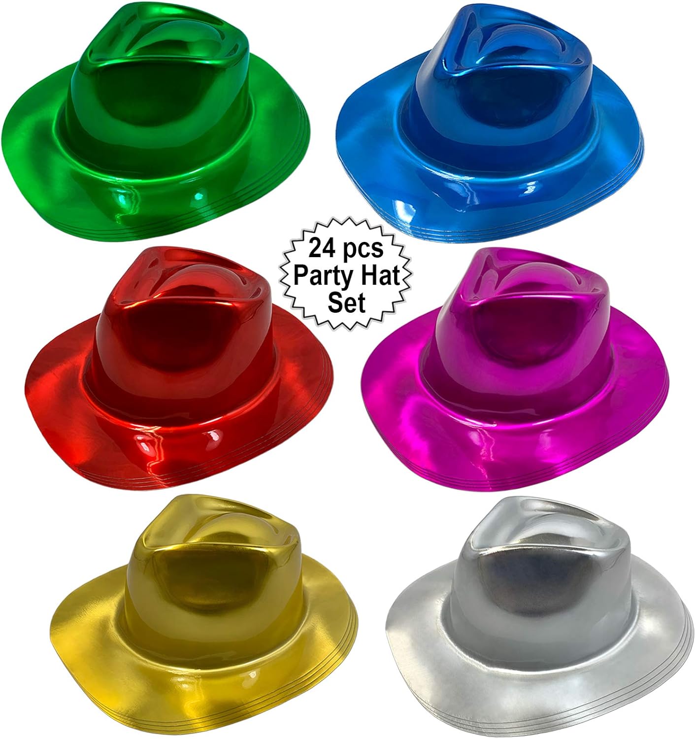 Anapoliz Party Gangster Hats 24 pcs | Metallic Assorted Colors, Plastic Fedora Party Hats for Kids, Adults | Costume, Dress Up, Photo Booth Parties: Clothing