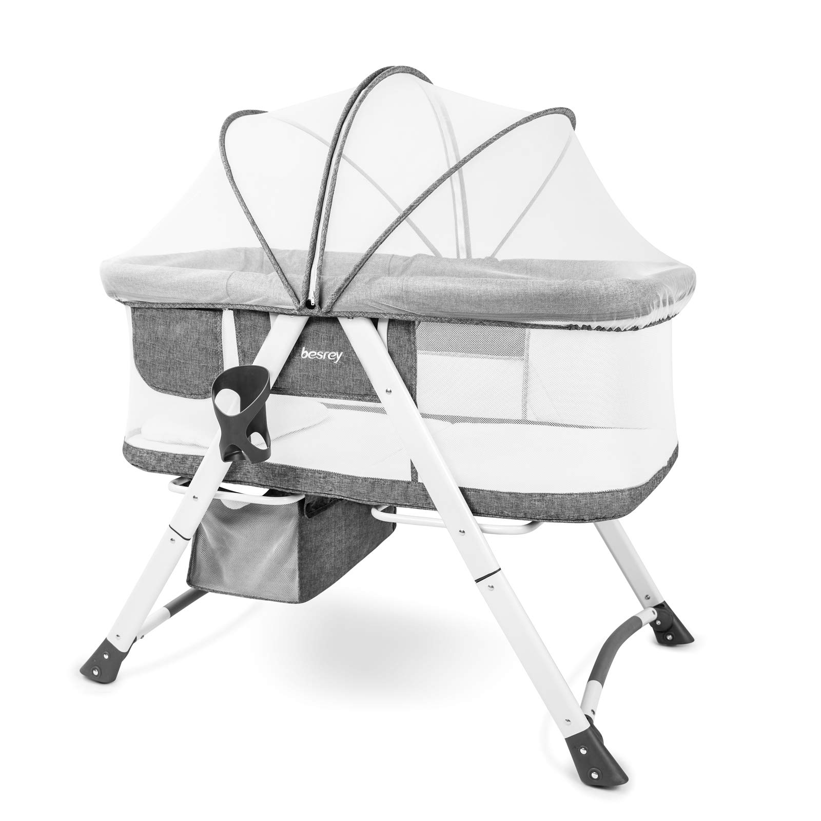 besrey Travel Cot with Mattress Included, Baby Bed with Swing Wheels Foldable Collapsible Bassinet Bed Net
