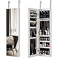 Elevon Hanging Mirror Jewelry Cabinet with Storage, Sliding Full Length Mirror Jewelry Armoirer, Wall-Mounted Cabinet Door-Mounted Jewelry Organizer with Interior LED Lights - White