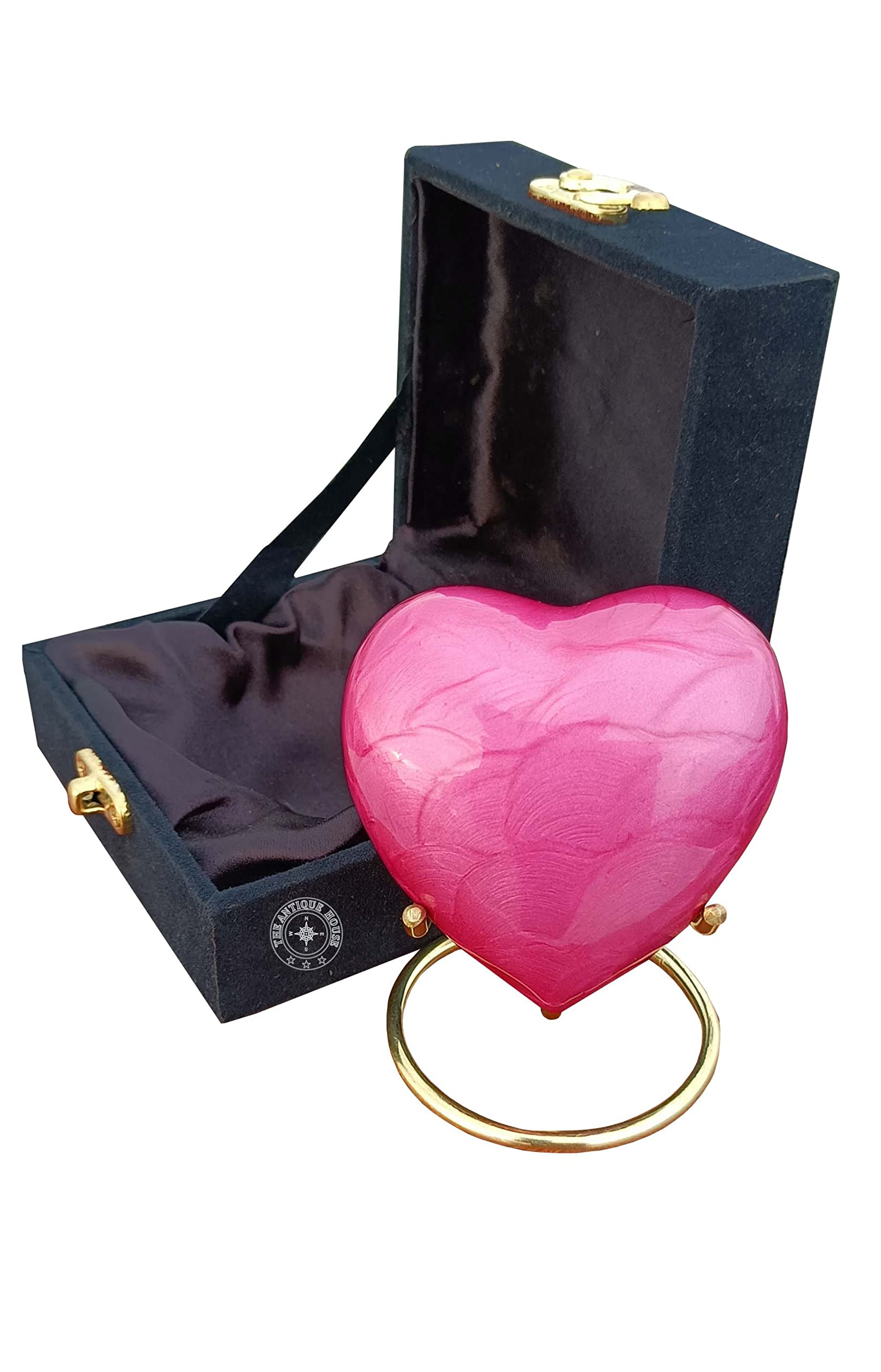 Pink Heart Keepsake Mini Cremation Urn with Premium Black Box & Brass Stand - Perfect for Adults & Infants