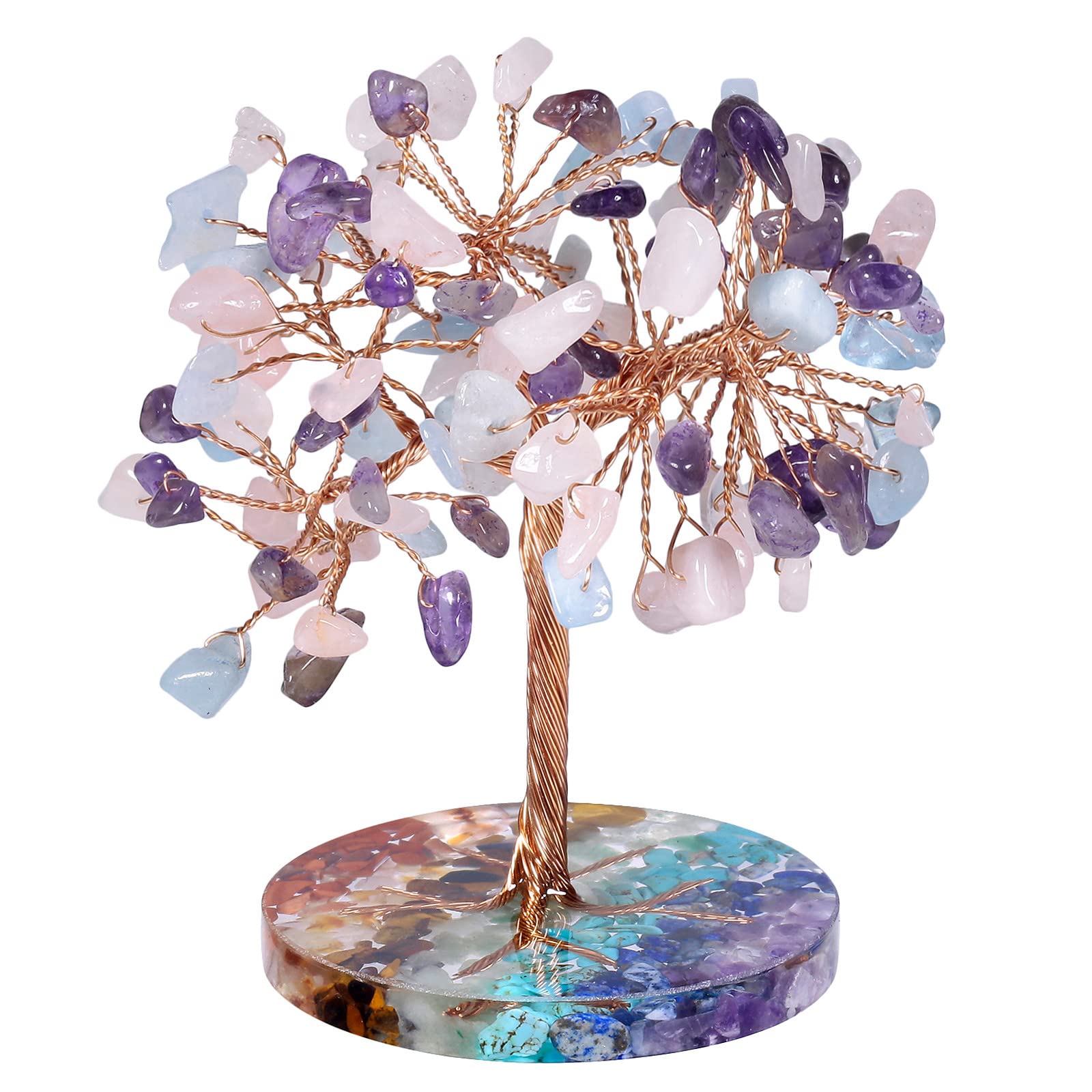 Nupuyai Amethyst & Rose Quartz & Aquamarine Crystal Money Tree with 7 Chakra Base, Energy Healing Good Luck Tree Figurines Fengshui Crystals Ornament for Home Office Decor