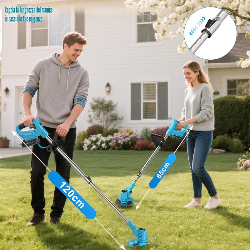 Decespugliatore a Batteria 21V, Tagliabordi a Batteria con 2 Batterie 2,0Ah, 2 Tipi di Lame in Metallo Tagliaerba Elettrico, Forbici Potatura, Angolazione Regolabili per Giardino Potatura (Blu)