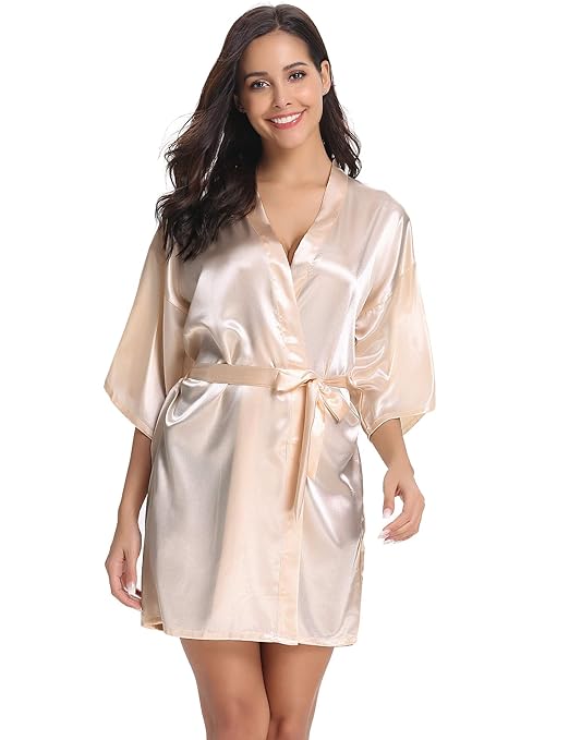 Vlazom Damen Morgenmantel Kimono Satin Robe Kurze Nachtwäsche V Ausschnitt Bademantel Mit Gürtel
