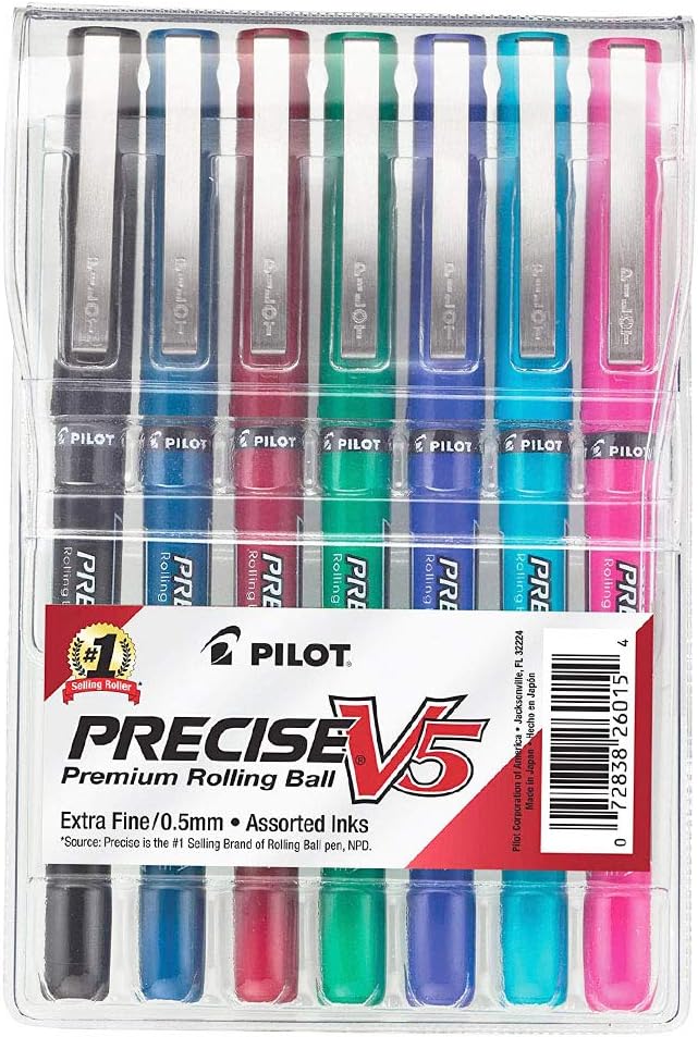 PILOT Precise V5 Stick Liquid Ink Rolling Ball Stick Pens, Extra Fine Point (0.5mm) Assorted Ink Colors, 7-Pack Pouch (26015) : Liquid Ink Rollerball Pens : Office Products