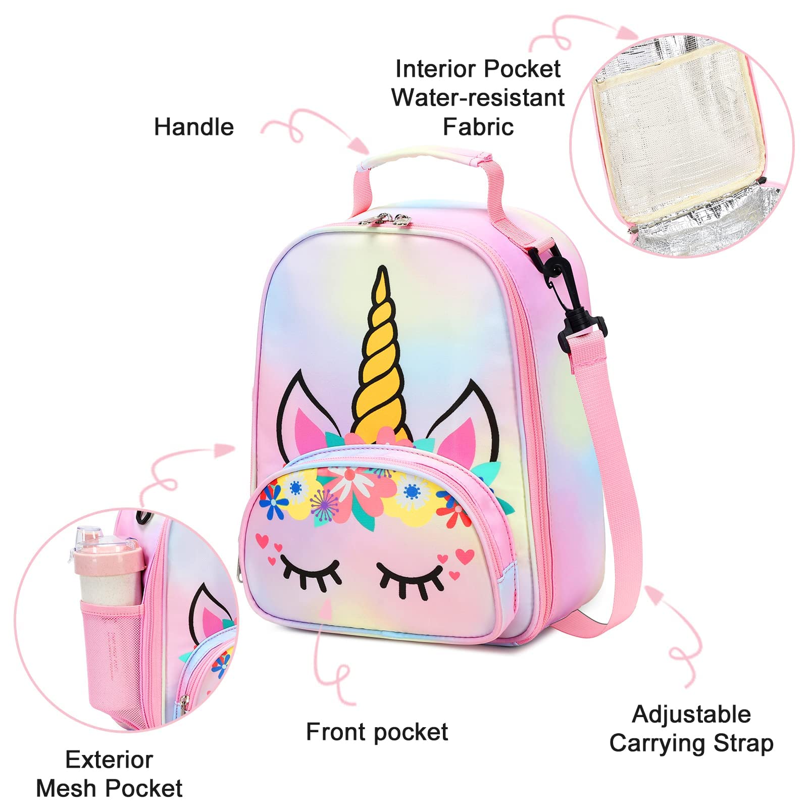 BTOOP Lunch Box Kids for Girls Insulated Lunch Bag Cute Reusable Toddler Thermal Meal Cooler Tote Crossbody Bags with Removable Shoulder Strap for School Travel (Rainbow 1)