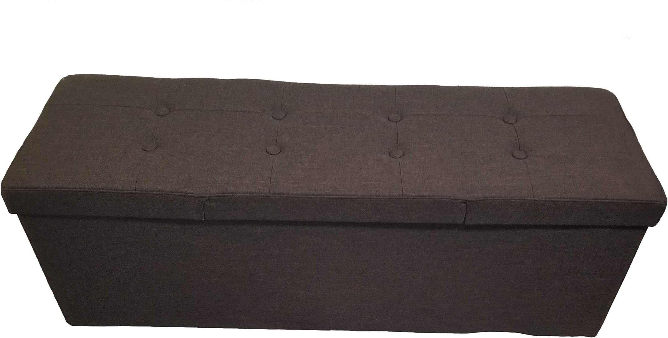 Mk Home Folding Chocolate/Dark Brown Faux Linen Ottoman Pouffe, Foot Rest, Coffee Table, 3 Seat Bench with Padded Seat and Storage Compartment New