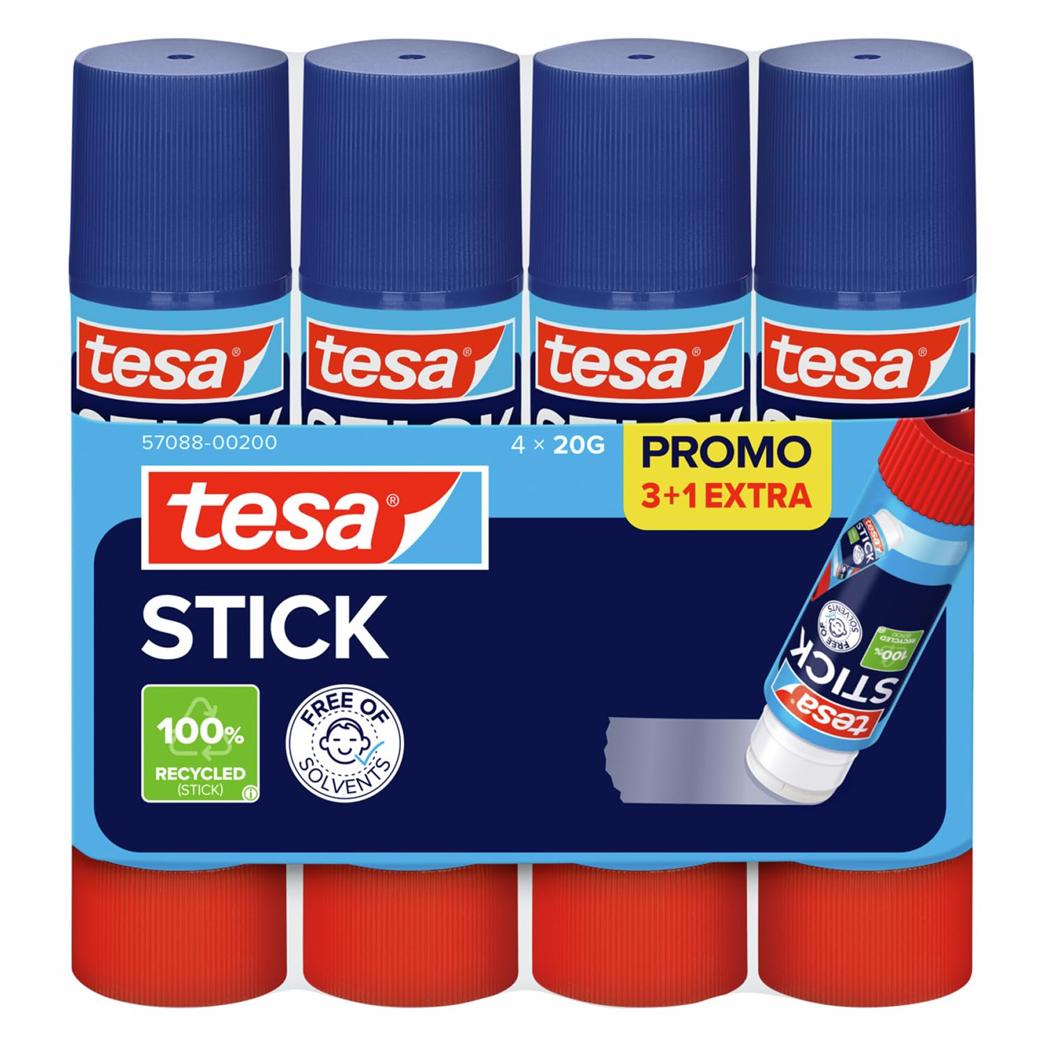 tesa Stick ecoLogo - Geruchsneutraler Klebestift für Papier und Pappe - Lösungsmittelfrei und Umweltschonend - 4 x 20 g