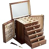 YANSHING 6-Layer Black Walnut Wooden Jewelry Box with Lock and Key, Large Luxury Jewelry Organizer Box for Women, Ideal Christmas Gift for Wife, Mom or Her, Earring & Necklace Storage with Ring Trays