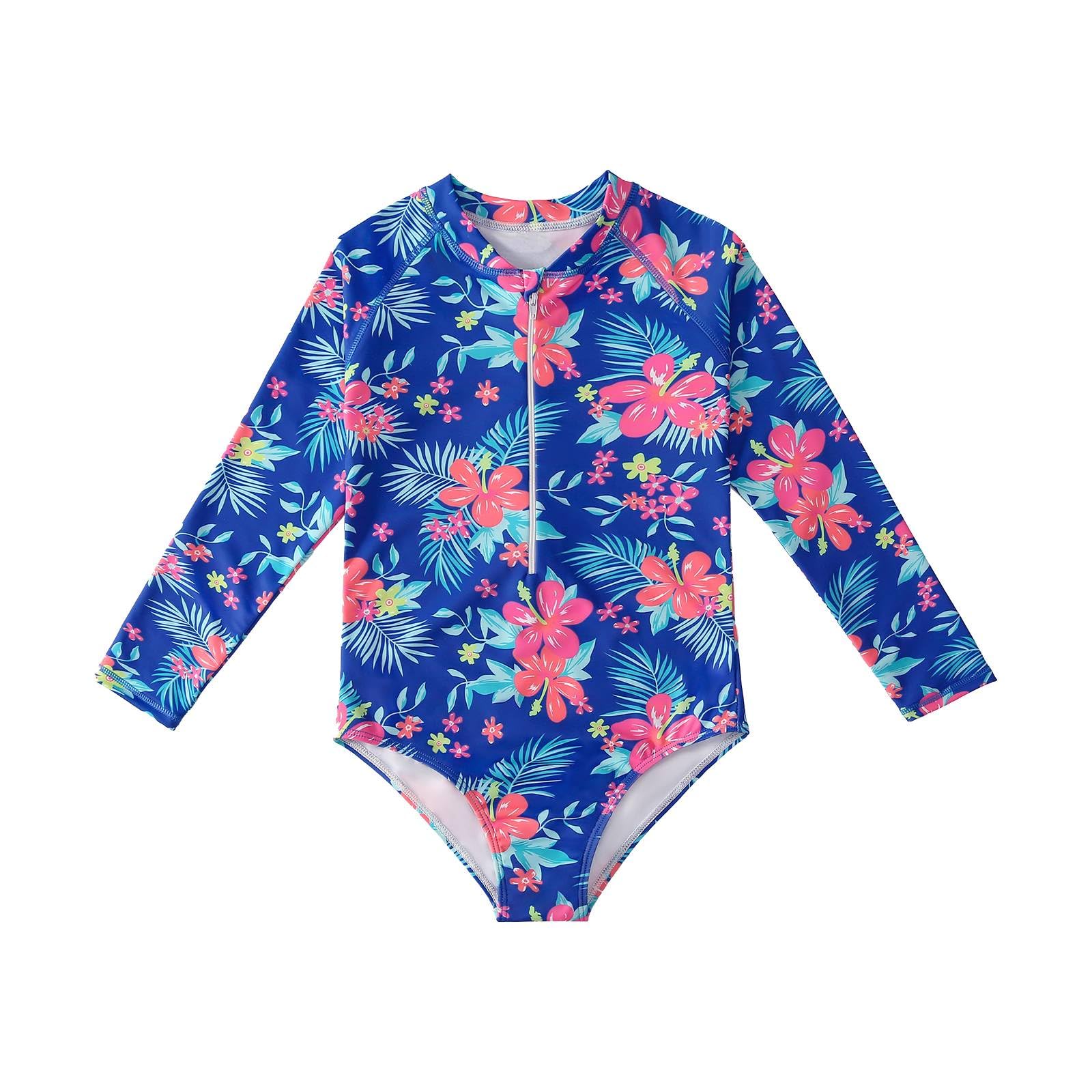 Photo 1 of HILEELANG Big Girls Long Sleeve Rash Guard Swimsuit Sun Protection Royal Blue Floral Half Zip One Piece Swimwear Bathing Suit 9-10 Years