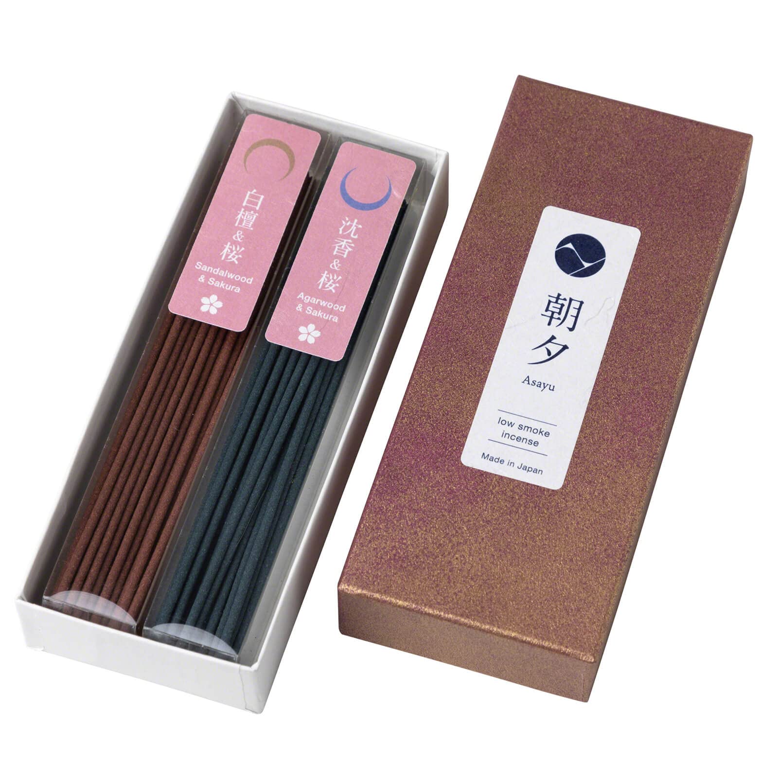 Asayu Japanese Low Smoke Incense Sticks - Sakura Cherry Blossom Blend Scent - Sakura + Sandalwood Blend and Sakura + Agarwood Blend - ca. 40 sticks, 20gr (2x) - Quality Incense, Variety Gift Pack