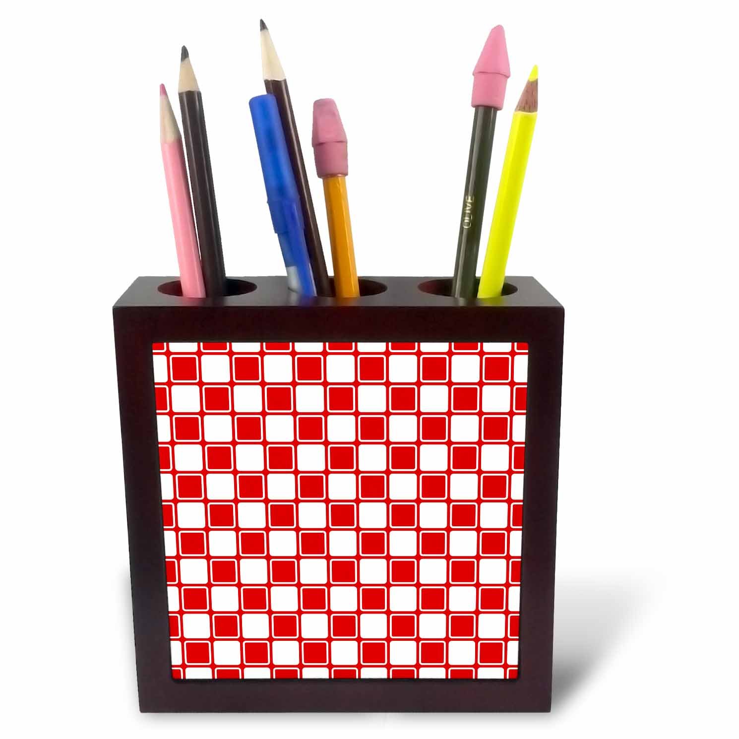 3dRose ph_215822_1 5-Inch "Contemporary Squares Pattern" Tile Pen Holder - Red/White