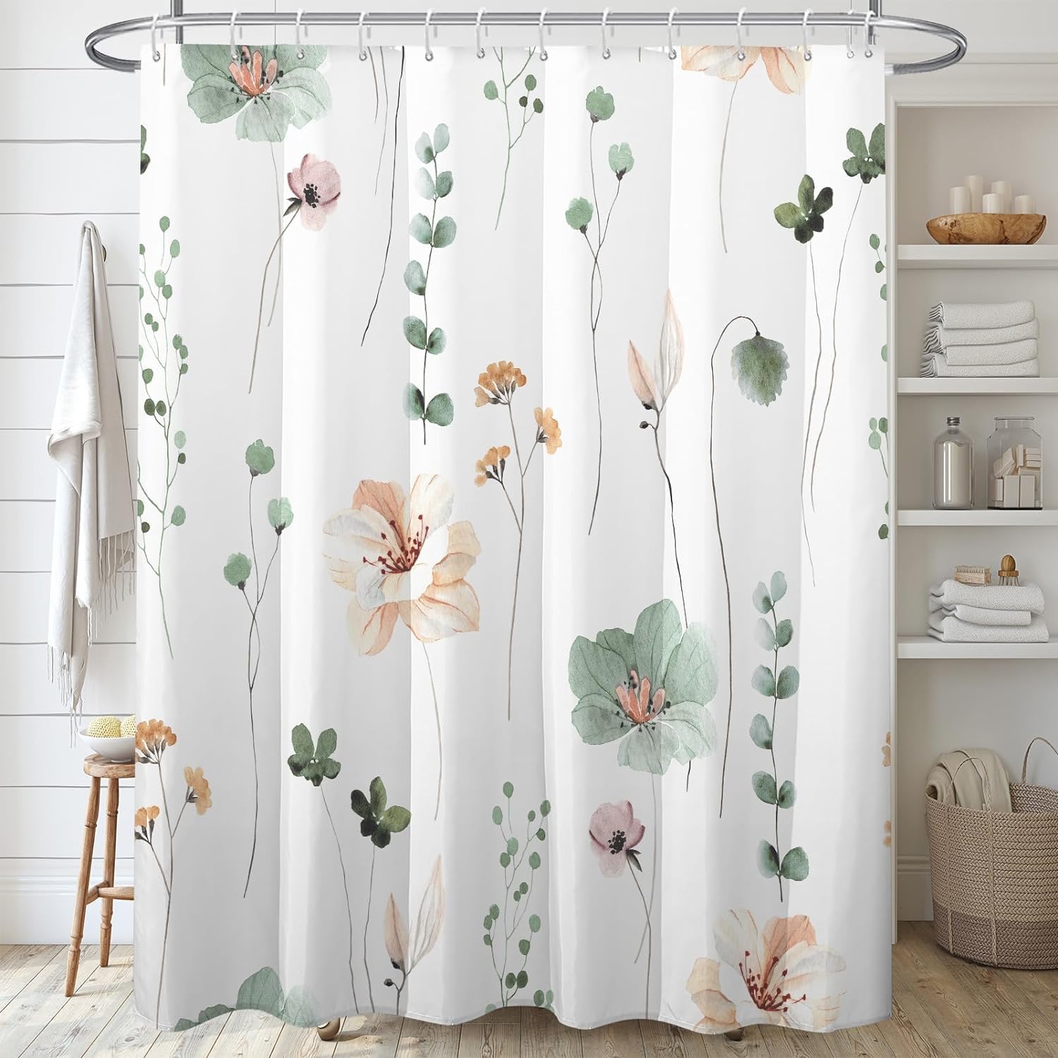xinbai Floral Shower Curtain with pink flowers & green plant, Washable 3D printing botanical bath curtains with retro flower picture, Includes 12 hooks,For bathroom decor 180 x 180 cm — image 1