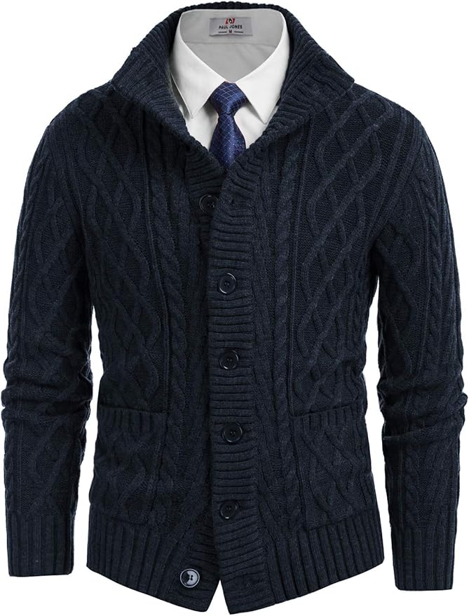 Mens Stand Collar Cable Knit Cardigan Button Down Sweater with Pockets