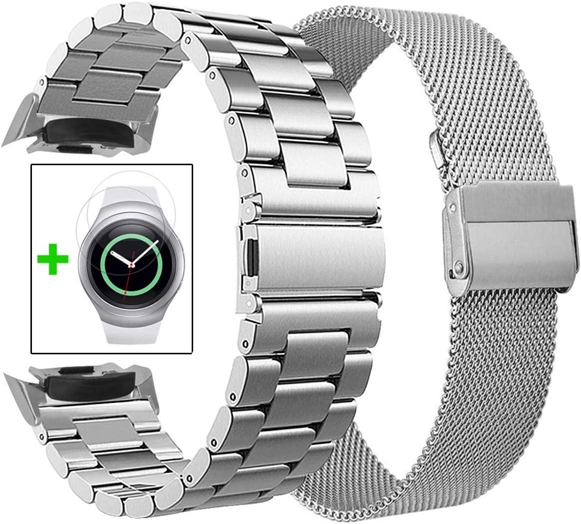 KOREDA Compatible with Samsung Gear S2 Bands Sets, 2 Pack Stainless Steel Metal Band + Mesh Loop Replacement Bracelet Strap for Gear S2 Sport Smart Watch SM-R720/R730 (2 Pack Silver)